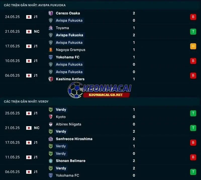 Phong độ gần đây của Avispa Fukuoka vs Tokyo Verdy